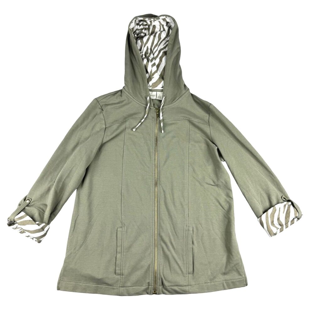 Zenergy By Chicos Jacket Womens 1 Medium Green Hoodie Full Zip Cotton Tab Sleeve